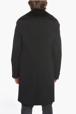 Wool-cavalry Double-breasted Coat with Removable Real-furred Lapel