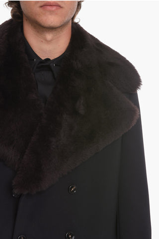 Wool-cavalry Double-breasted Coat with Removable Real-furred Lapel