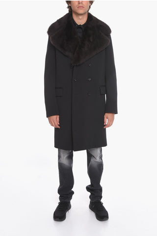 Wool-cavalry Double-breasted Coat with Removable Real-furred Lapel