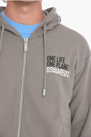ONE LIFE ONE PLANET Zip-up Hoodie Sweatshirt with Lettering