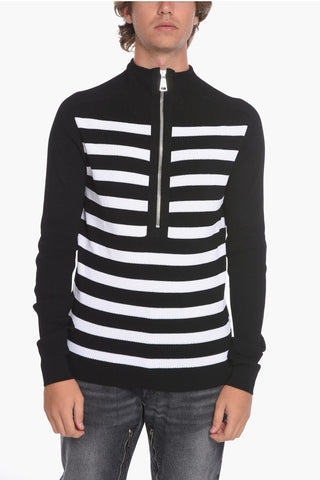 Ribbed Zip-up Sweater with Awning Motif