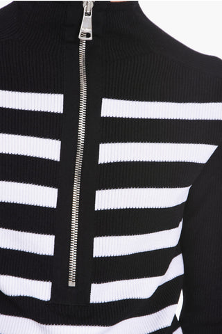 Ribbed Zip-up Sweater with Awning Motif