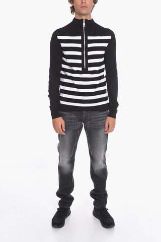 Ribbed Zip-up Sweater with Awning Motif