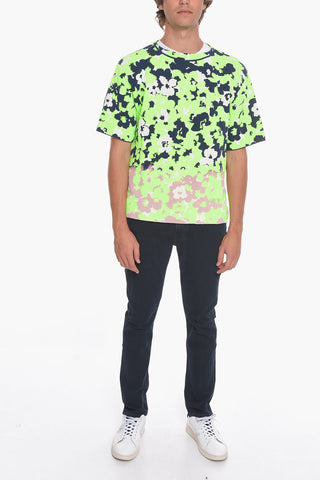 Short-sleeved Cotton Blend Sweater with Floral Motif