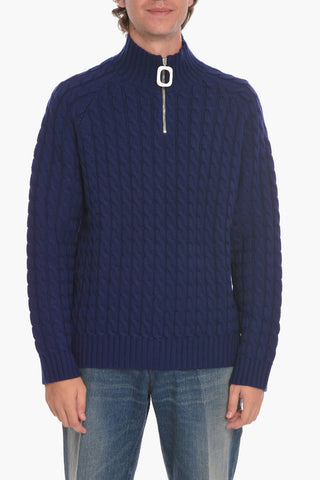 Half Zipped Cable Knit Wool Pullover
