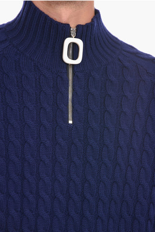Half Zipped Cable Knit Wool Pullover