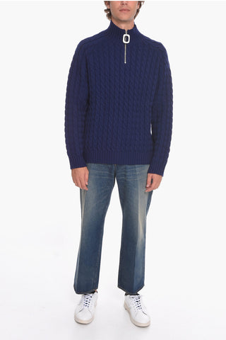 Half Zipped Cable Knit Wool Pullover