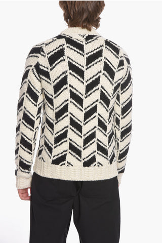 Crew Neck Herringbone Patterned Wool Blend Pullover