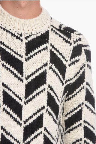 Crew Neck Herringbone Patterned Wool Blend Pullover