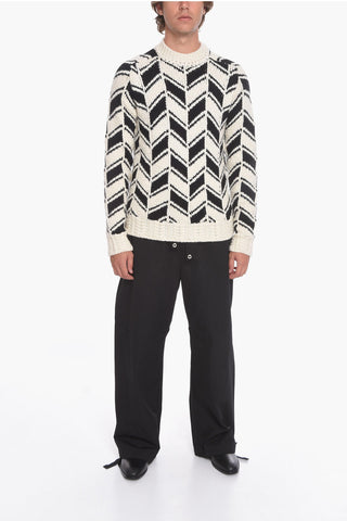 Crew Neck Herringbone Patterned Wool Blend Pullover