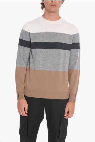 Wool Blend Crew Neck Sweater with Balanced Stripe Motif
