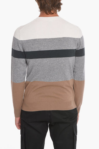 Wool Blend Crew Neck Sweater with Balanced Stripe Motif