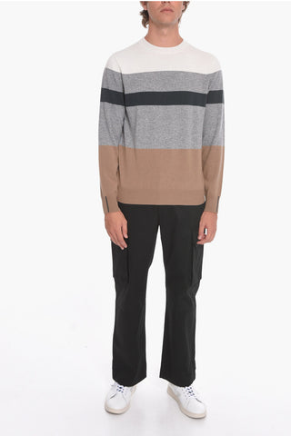 Wool Blend Crew Neck Sweater with Balanced Stripe Motif