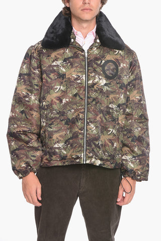 Padded Jacket with Camouflage Pattern and Eco-Fur Collar
