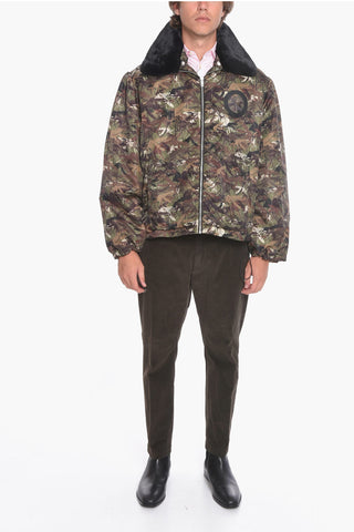 Padded Jacket with Camouflage Pattern and Eco-Fur Collar