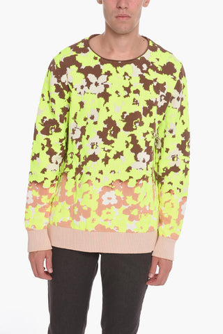 Crew Neck Cotton Blend Sweater with Floral Motif