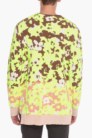 Crew Neck Cotton Blend Sweater with Floral Motif