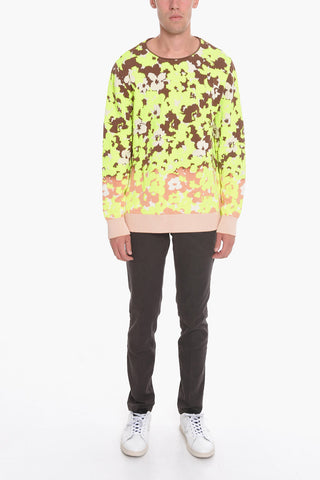 Crew Neck Cotton Blend Sweater with Floral Motif