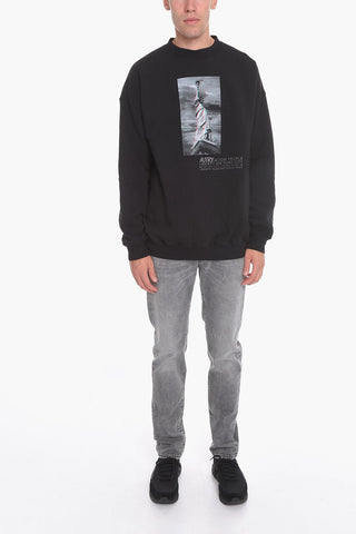 Fleeced-Cotton Crew-Neck Sweatshirt with Maxi Print
