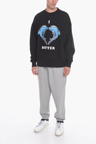 Brushed Cotton Crew-neck Sweatshirt with Printed Dolphins