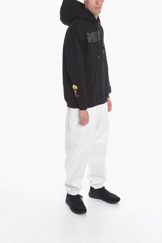 Felpa Hoodie in Cotone Felpato con Logo Ricamato