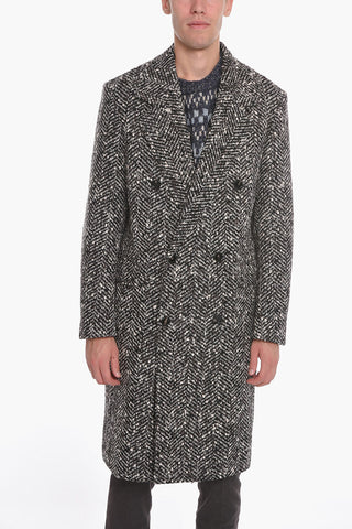 Wool-blend Double-breasted Coat in Herringbone Motif