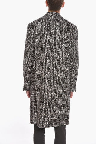 Wool-blend Double-breasted Coat in Herringbone Motif