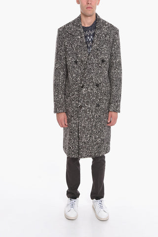 Wool-blend Double-breasted Coat in Herringbone Motif