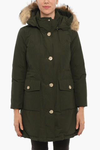 Solid Color LONG ARCTIC Utility Down Jacket with Removable Hood and Real Fur Trim