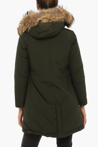 Solid Color LONG ARCTIC Utility Down Jacket with Removable Hood and Real Fur Trim