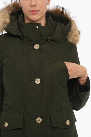 Solid Color LONG ARCTIC Utility Down Jacket with Removable Hood and Real Fur Trim