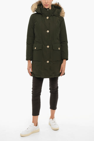 Solid Color LONG ARCTIC Utility Down Jacket with Removable Hood and Real Fur Trim