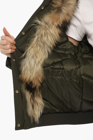 Piumino Bomber MILITARY con Tasche A Toppa e Pelliccia