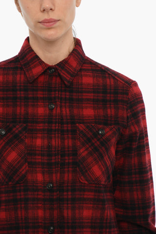 Plaid Motif Wool Blend Shirt with Double Breast Pocket