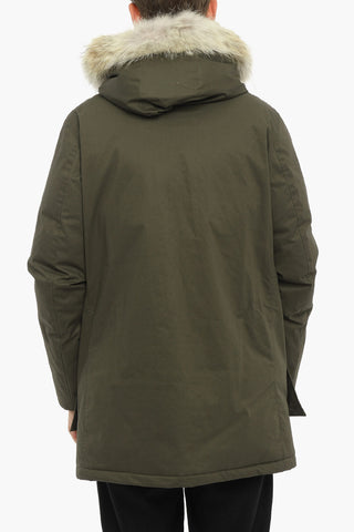 Solid Color Utility Down Jacket with Detachable Real Fur Trim