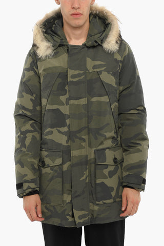 Camouflage Utility Down Jacket with Hidden Closure and Detachable Real Fur Trim