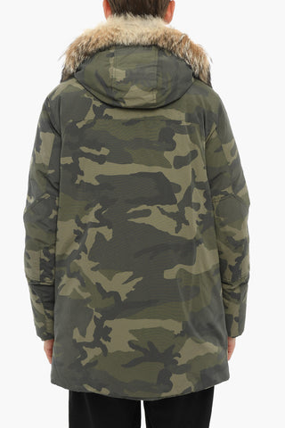 Camouflage Utility Down Jacket with Hidden Closure and Detachable Real Fur Trim