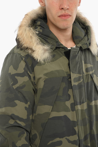 Camouflage Utility Down Jacket with Hidden Closure and Detachable Real Fur Trim