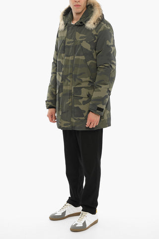 Camouflage Utility Down Jacket with Hidden Closure and Detachable Real Fur Trim