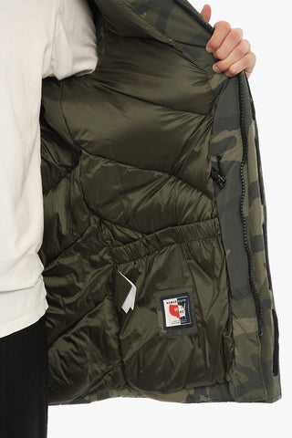 Camouflage Utility Down Jacket with Hidden Closure and Detachable Real Fur Trim