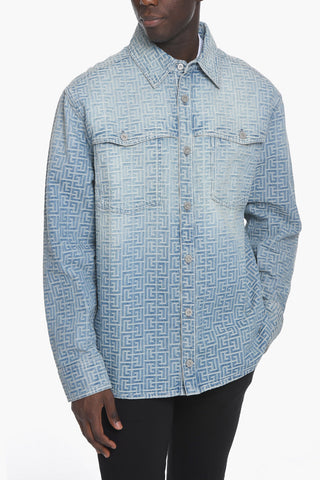 Denim Biker Jacket with Embossed Logo Pattern