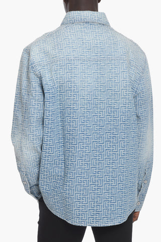 Denim Biker Jacket with Embossed Logo Pattern