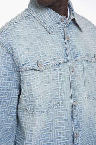Denim Biker Jacket with Embossed Logo Pattern