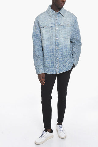 Denim Biker Jacket with Embossed Logo Pattern
