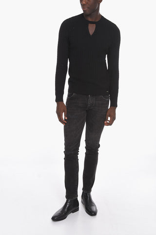 Crew Neck Virgin Wool Sweater with Cut-out
