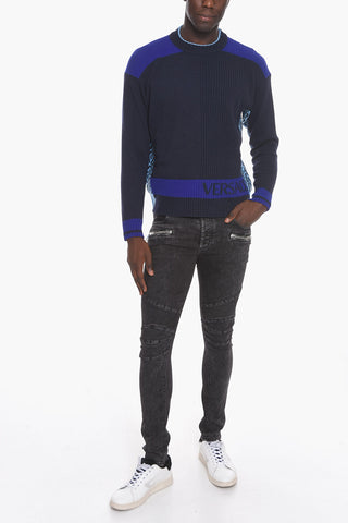 Crew Neck Wool Pullover with Monogram Inserts