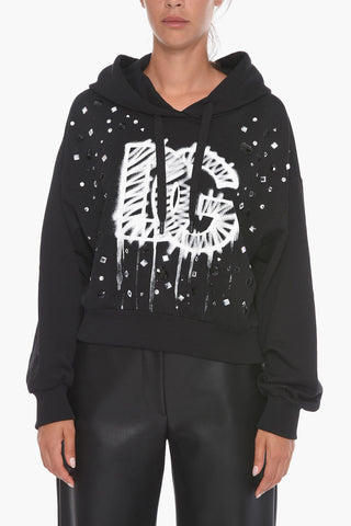 Cropped Fit GRAFFITI Hoodie with Rhinestones