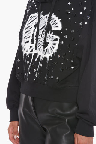 Cropped Fit GRAFFITI Hoodie with Rhinestones