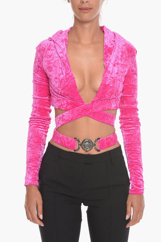 Velour Cropped Fit Hoodie with Jeweled Buckle