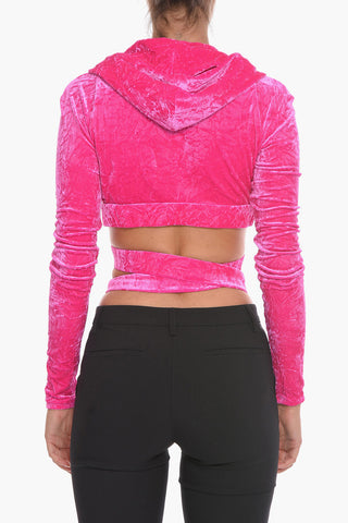 Velour Cropped Fit Hoodie with Jeweled Buckle